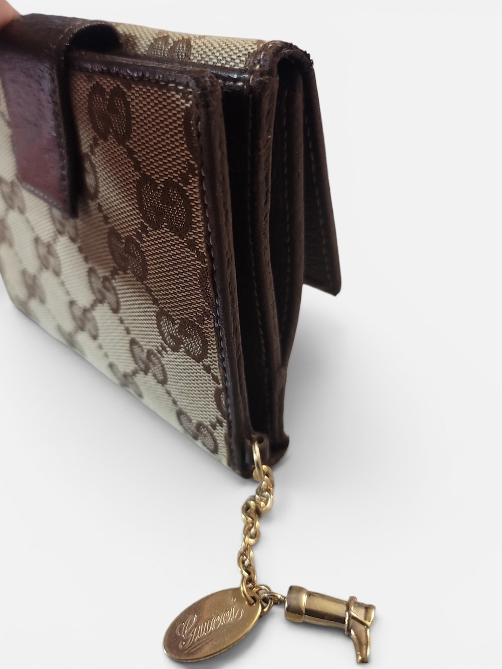 Gucci Beige and Brown GG Canvas Bi-Fold Wallet with Boot Charm - Picture 4 of 11